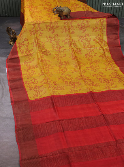 Pure tussar silk saree mustard yellow and rustic orange with allover bandhani prints and zari woven border