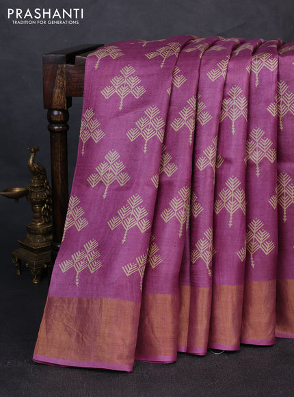 Pure tussar silk saree lavender shade with allover prints and zari woven border