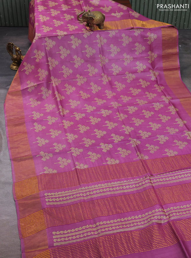 Pure tussar silk saree lavender shade with allover prints and zari woven border