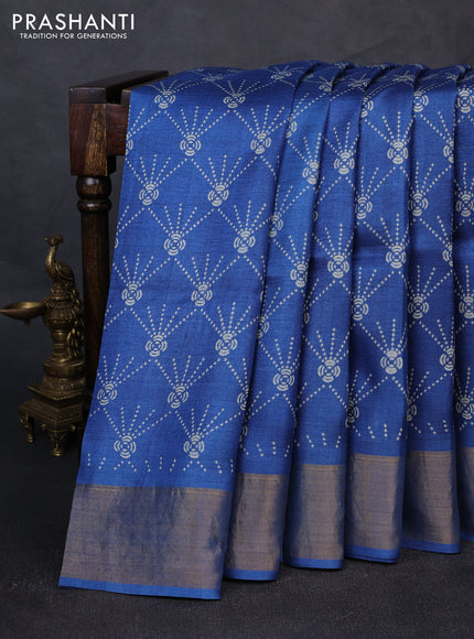 Pure tussar silk saree blue with allover prints and zari woven border