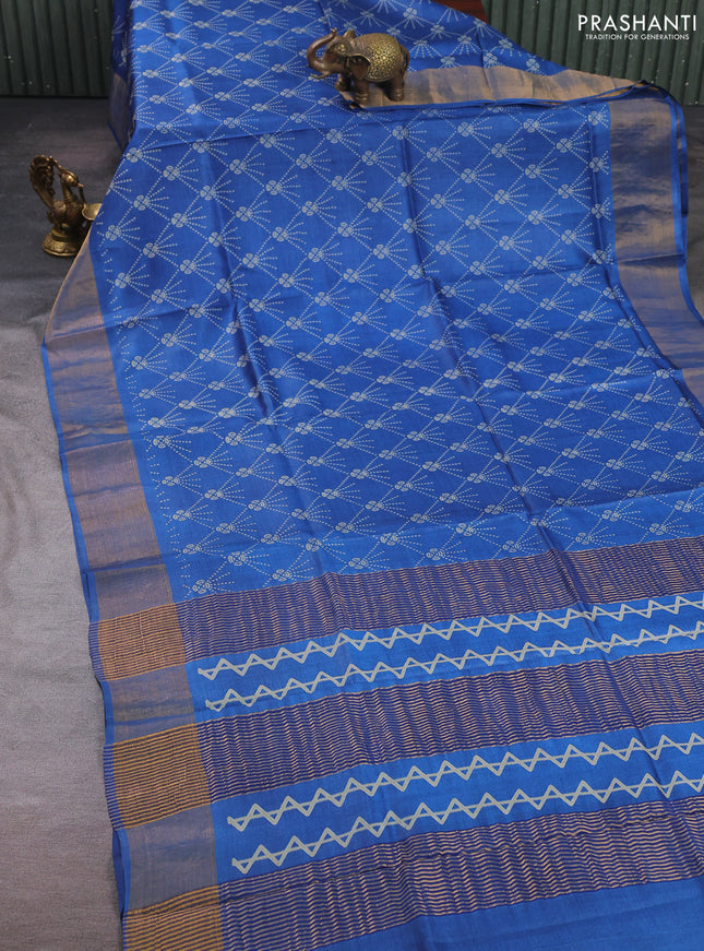 Pure tussar silk saree blue with allover prints and zari woven border