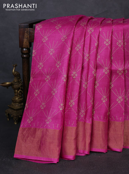 Pure tussar silk saree pink with allover prints and zari woven border