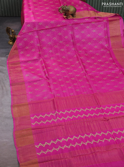 Pure tussar silk saree pink with allover prints and zari woven border