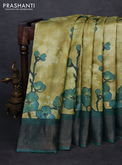 Pure tussar silk saree light green and green with allover prints and zari woven border