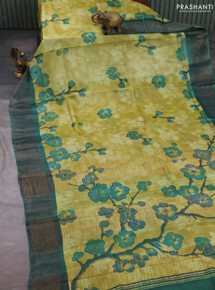 Pure tussar silk saree light green and green with allover prints and zari woven border