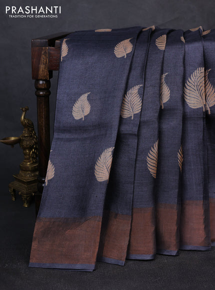 Pure tussar silk saree elephant grey with leaf butta prints and zari woven border