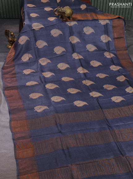 Pure tussar silk saree elephant grey with leaf butta prints and zari woven border