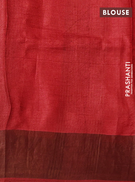 Pure tussar silk saree pale orange and red with leaf butta prints and zari woven border