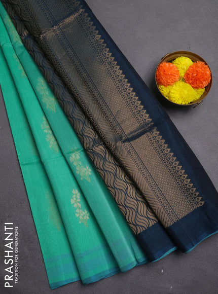 Kora silk cotton saree teal green and peacock green with allover thread & zari woven buttas and simple border