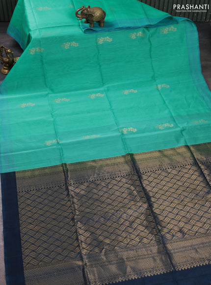 Kora silk cotton saree teal green and peacock green with allover thread & zari woven buttas and simple border