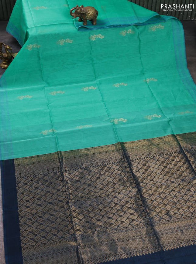 Kora silk cotton saree teal green and peacock green with allover thread & zari woven buttas and simple border
