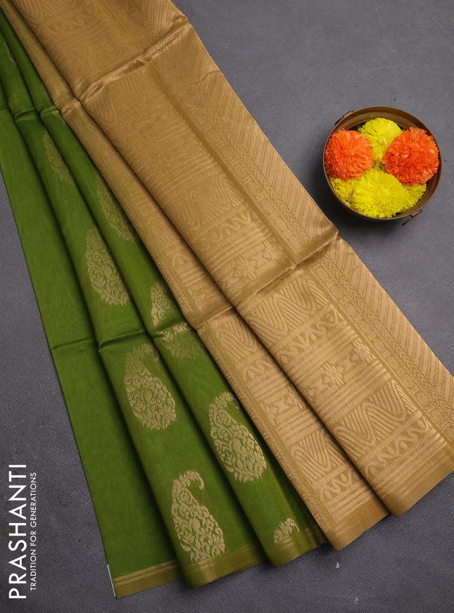 Kora silk cotton saree light green and sandal with zari woven buttas and zari woven border