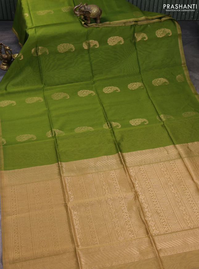 Kora silk cotton saree light green and sandal with zari woven buttas and zari woven border