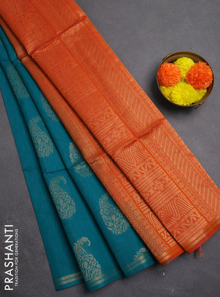 Kora silk cotton saree teal green and orange with zari woven buttas and small zaro woven border