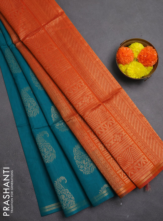 Kora silk cotton saree teal green and orange with zari woven buttas and small zaro woven border