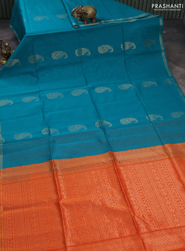 Kora silk cotton saree teal green and orange with zari woven buttas and small zaro woven border