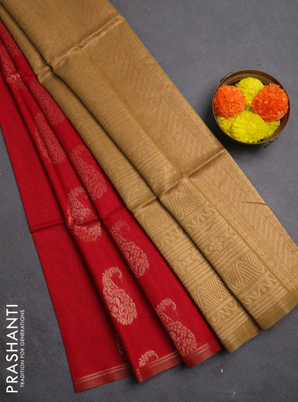 Kora silk cotton saree red and sandal with zari woven buttas and piping border