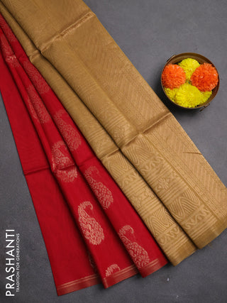 Kora silk cotton saree red and sandal with zari woven buttas and piping border