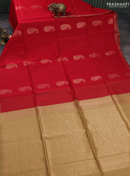 Kora silk cotton saree red and sandal with zari woven buttas and piping border