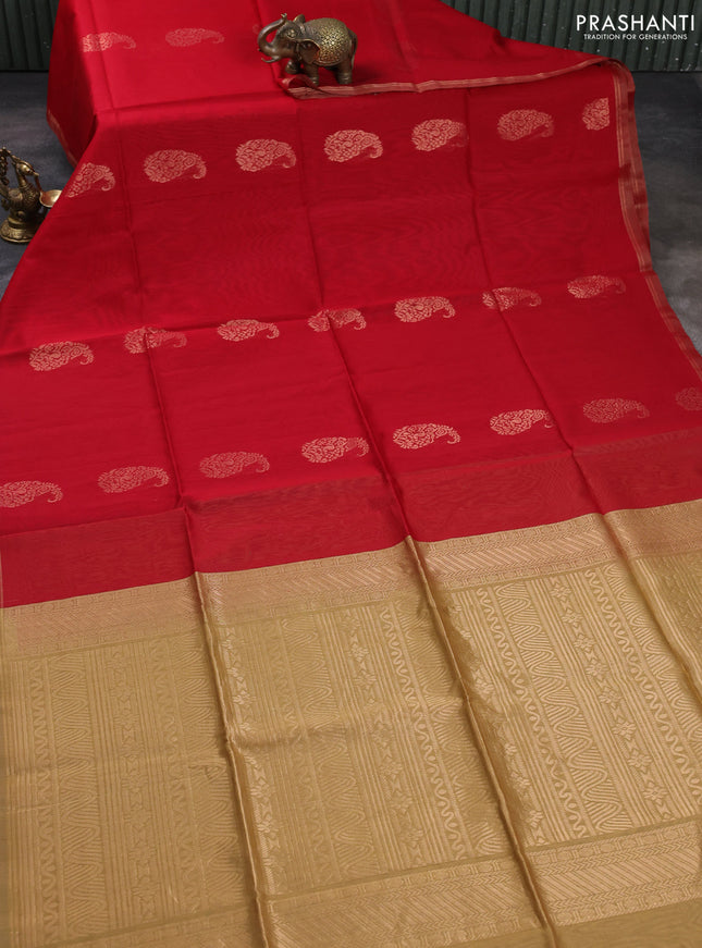 Kora silk cotton saree red and sandal with zari woven buttas and piping border