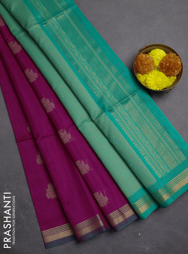 Kora silk cotton saree magenta pink and teal green with thread woven buttas and zari woven border