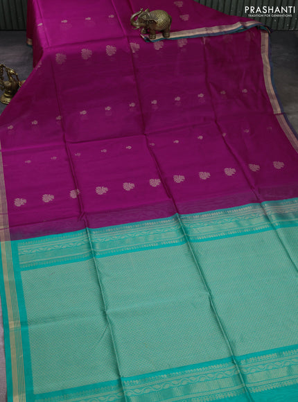 Kora silk cotton saree magenta pink and teal green with thread woven buttas and zari woven border