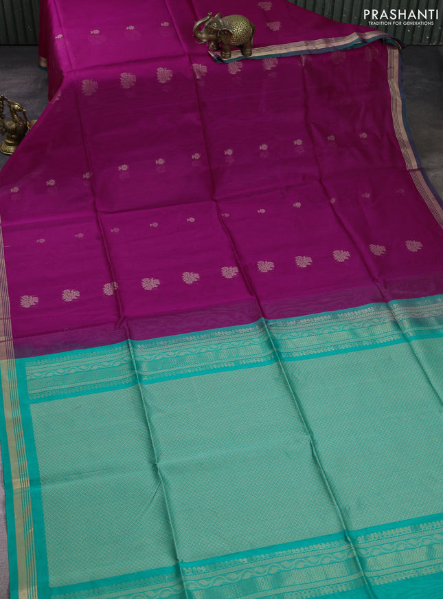 Kora silk cotton saree magenta pink and teal green with thread woven buttas and zari woven border