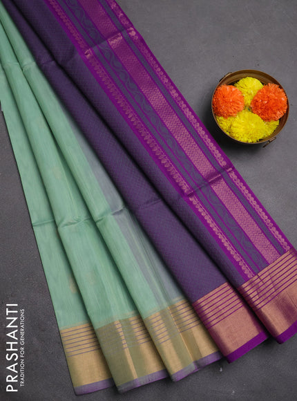 Kora silk cotton saree pastel green and purple with thread & zari woven buttas and zari woven border