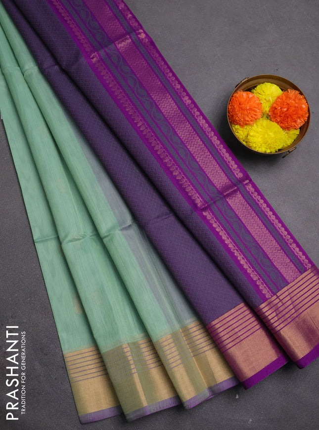 Kora silk cotton saree pastel green and purple with thread & zari woven buttas and zari woven border