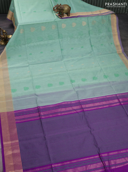 Kora silk cotton saree pastel green and purple with thread & zari woven buttas and zari woven border