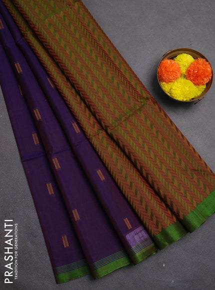Kora silk cotton saree violet and green with thread woven buttas and piping border