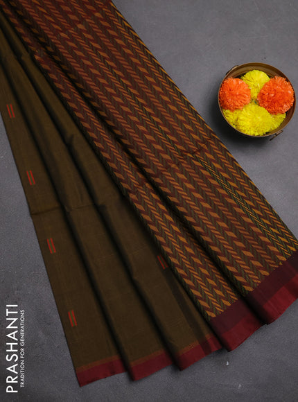 Kora silk cotton saree dark mustard and maroon with thread woven buttas and piping border