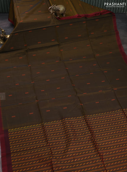 Kora silk cotton saree dark mustard and maroon with thread woven buttas and piping border