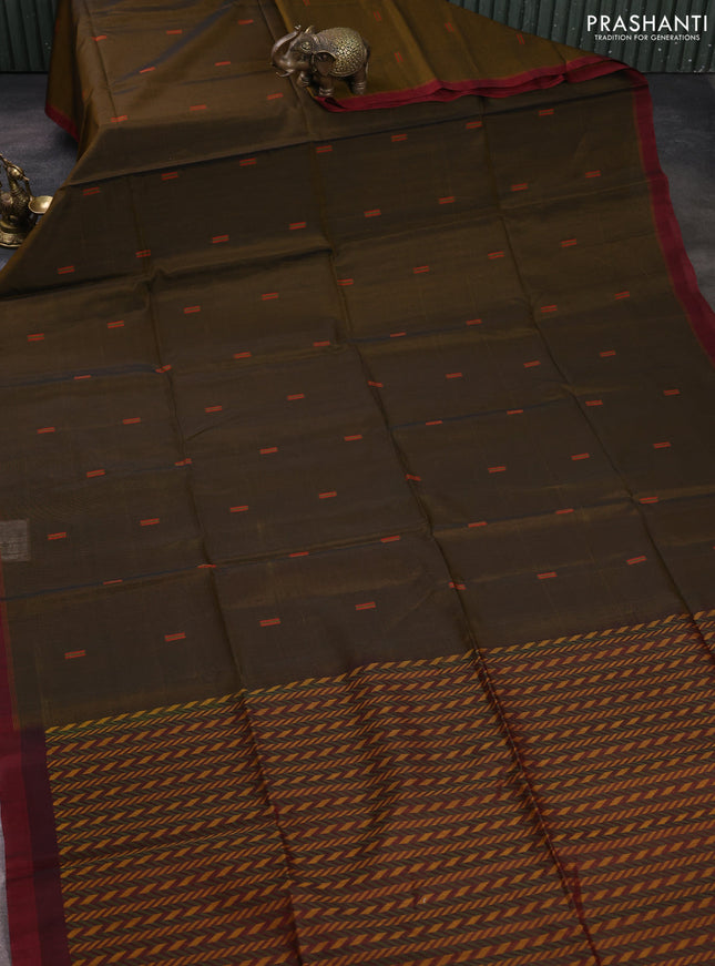Kora silk cotton saree dark mustard and maroon with thread woven buttas and piping border