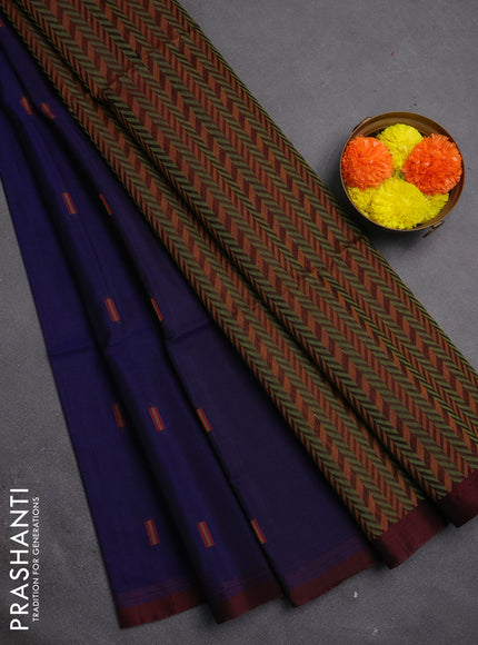 Kora silk cotton saree violet and coffee brown with thread woven buttas and piping border