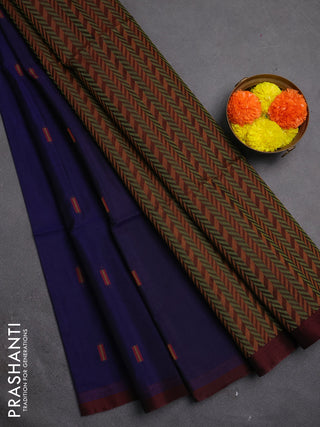 Kora silk cotton saree violet and coffee brown with thread woven buttas and piping border