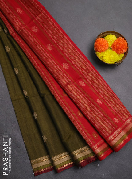 Kora silk cotton saree mehendi green and maroon with allover thread & zari woven buttas and woven border