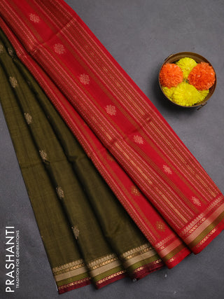 Kora silk cotton saree mehendi green and maroon with allover thread & zari woven buttas and woven border