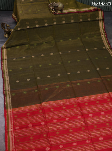 Kora silk cotton saree mehendi green and maroon with allover thread & zari woven buttas and woven border