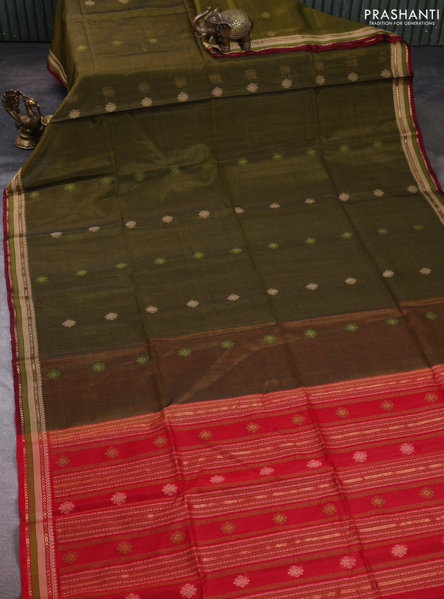 Kora silk cotton saree mehendi green and maroon with allover thread & zari woven buttas and woven border