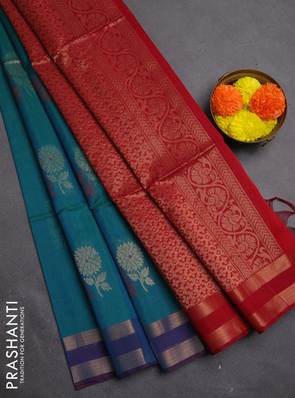 Kora silk cotton saree teal green and wine shade with allover thread & zari woven buttas and rettapet zari woven border