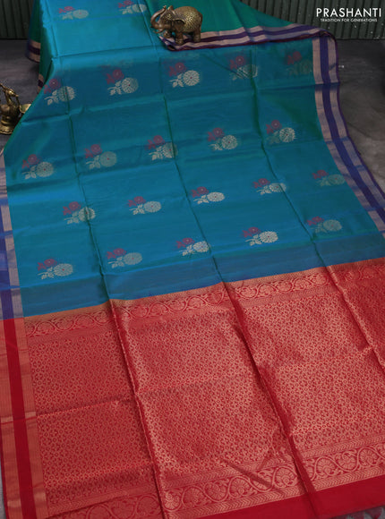 Kora silk cotton saree teal green and wine shade with allover thread & zari woven buttas and rettapet zari woven border