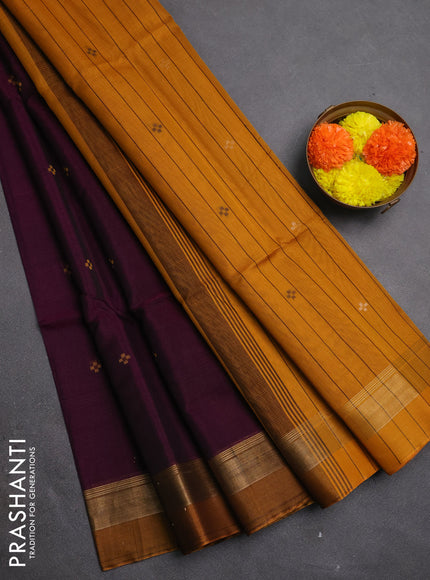 Kora silk cotton saree purple and dark mustard with allover thread & zari woven buttas and zari woven simple border