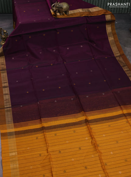 Kora silk cotton saree purple and dark mustard with allover thread & zari woven buttas and zari woven simple border