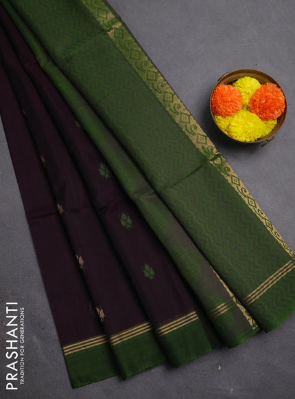 Kora silk cotton saree deep jamun shade and green with allover thread & zari woven buttas and zari woven simple border