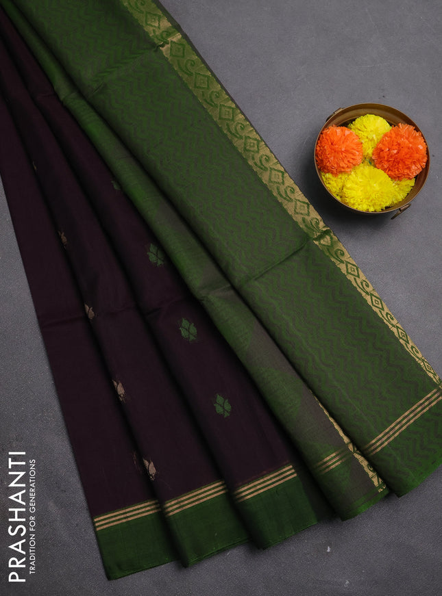 Kora silk cotton saree deep jamun shade and green with allover thread & zari woven buttas and zari woven simple border