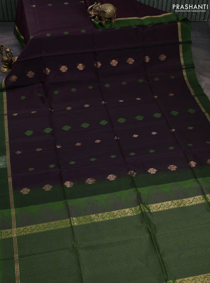 Kora silk cotton saree deep jamun shade and green with allover thread & zari woven buttas and zari woven simple border