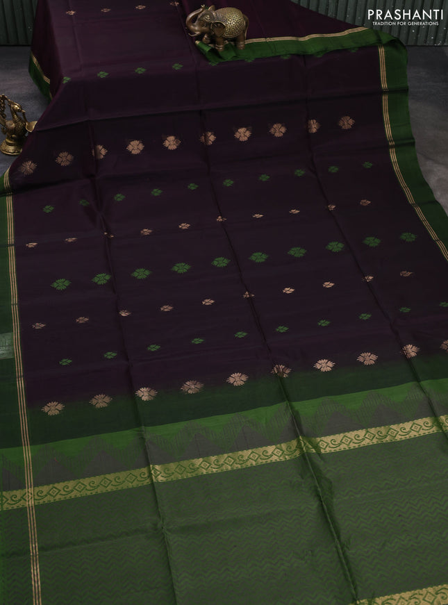Kora silk cotton saree deep jamun shade and green with allover thread & zari woven buttas and zari woven simple border