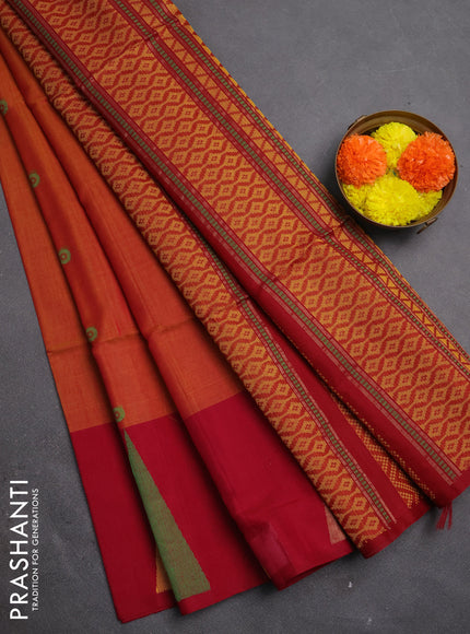 Kora silk cotton saree sunset orange and maroon with thread & zari woven buttas and temple woven border