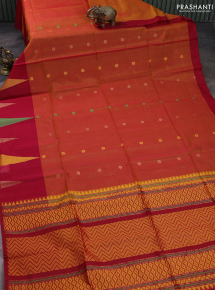 Kora silk cotton saree sunset orange and maroon with thread & zari woven buttas and temple woven border